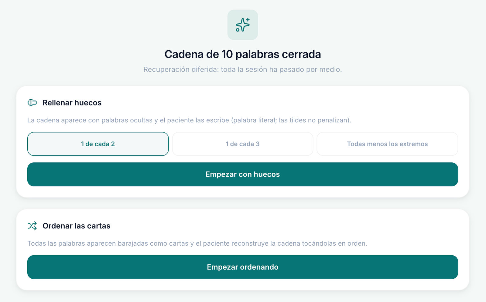 Pantalla de selección de modo: rellenar huecos con tres densidades, u ordenar las cartas