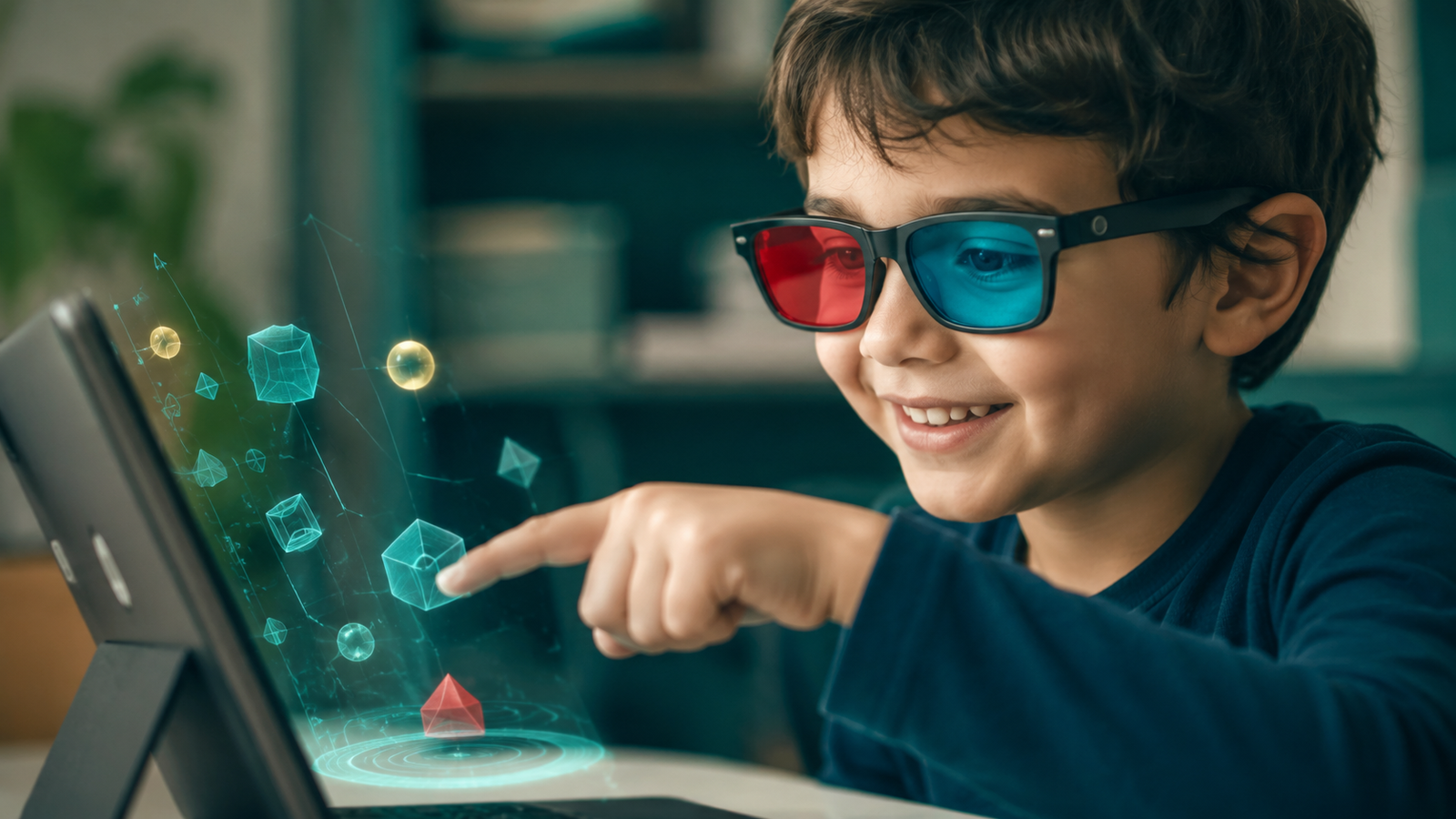 Niño con gafas anaglifo haciendo terapia visual en una tablet: alternativa al parche para el ojo vago