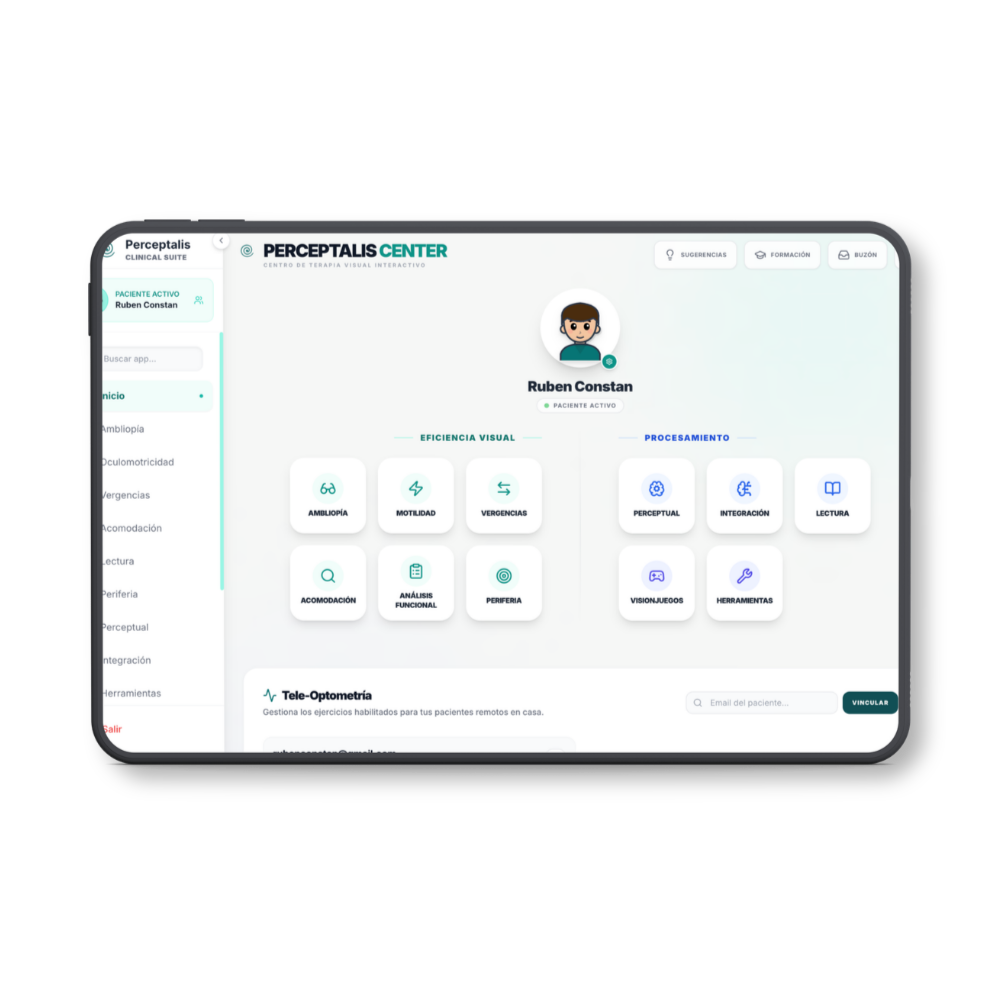 Dashboard del software de Terapia Visual en iPad