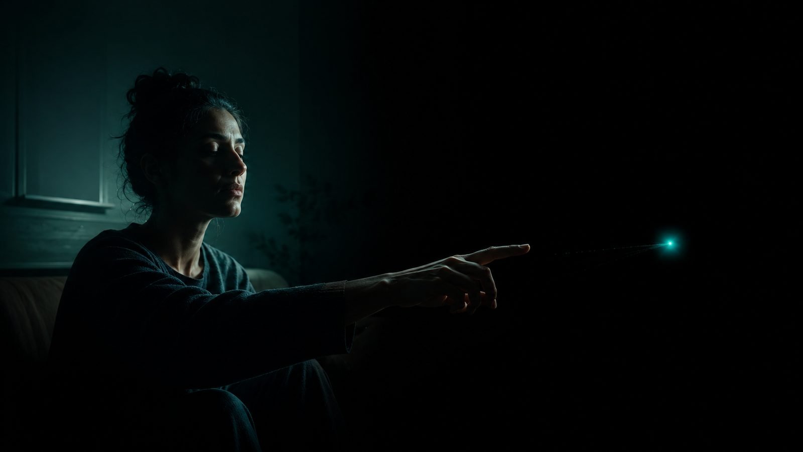 Persona en penumbra, con los ojos casi cerrados, señalando con precisión un punto de luz turquesa en la zona oscura que no percibe conscientemente
