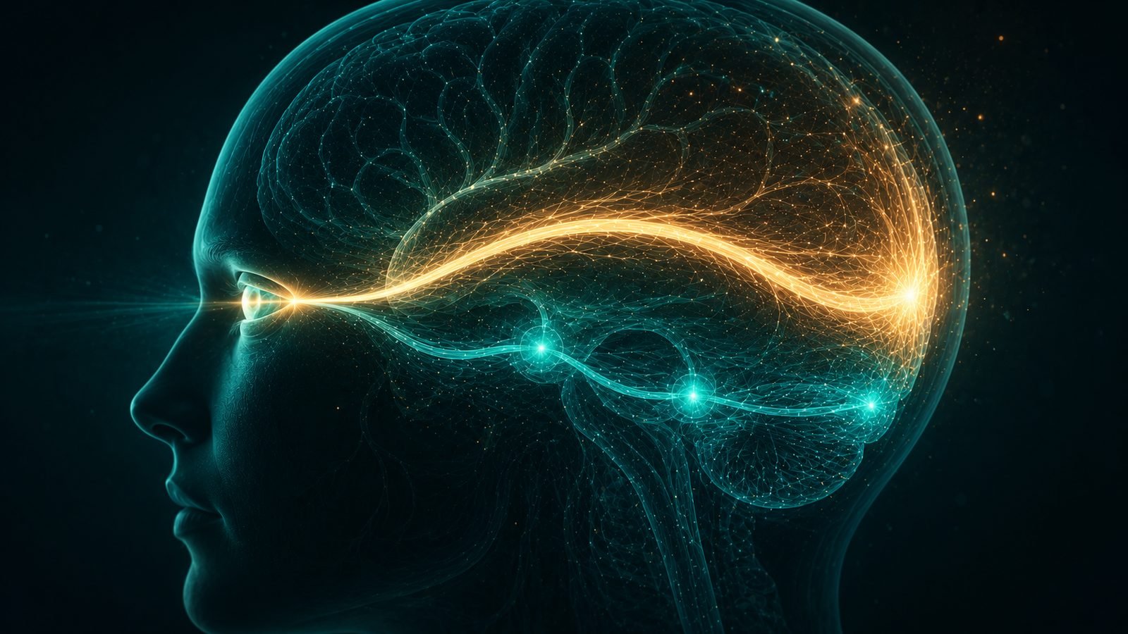 Dos rutas de luz salen del ojo: la vía principal dorada hacia la corteza occipital y la vía tectopulvinar en teal, con nodos intermedios, hacia un destino cortical distinto
